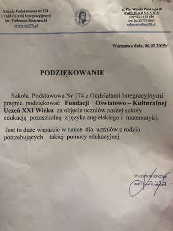 , Podziękowania dla fundacji